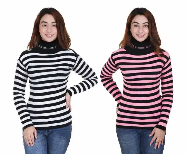 Full Sleeves Striped Sweater for Women, Pack of 2 (White & Light Pink, M)