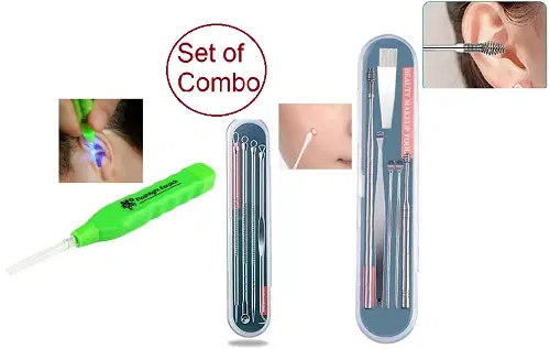 Stainless Steel 4 Pcs Acne Blackhead Remover with Ear Wax Remover, Silver & Green, Set of 2