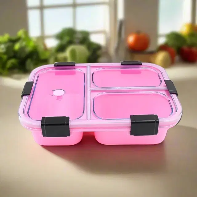 Plastic 3 Compartment Insulated Lunch Box for Kids, Multicolor