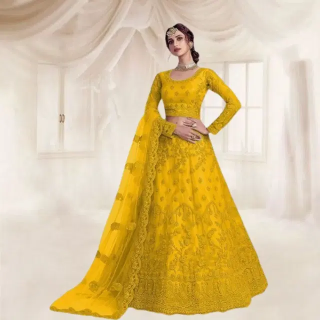 Net Embroidered Semi Stitched Lehenga for Women (Yellow)
