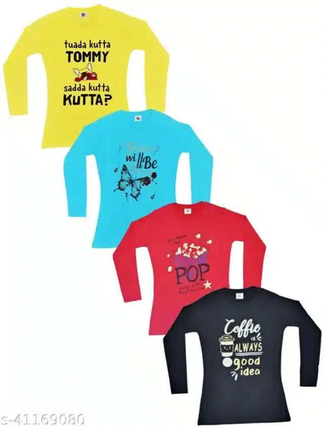 Cotton Full Sleeves T-Shirt for Girls, Pack of 4 (Multicolor, 6-7 Years)