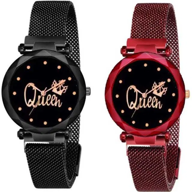 Casual Metal Analog Watch Combo Women, Pack Of 2 (Black & Red) (MP-706)