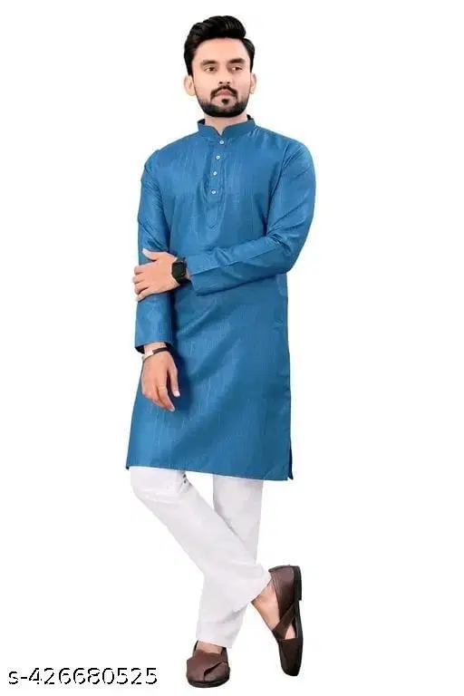 Solid Show Button Mandarin Neck Kurta for Men (Navy Blue, S)