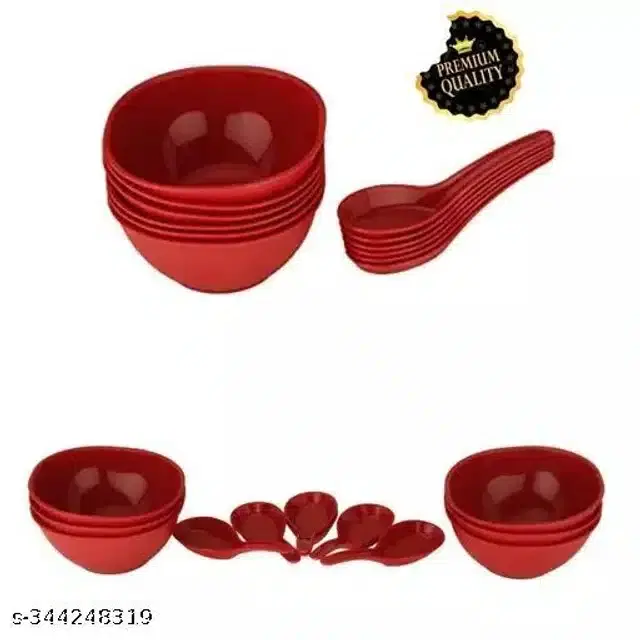Plastic 6 Pcs Bowls, 250 ml with 6 Pcs Spoons, Red, Set of 2