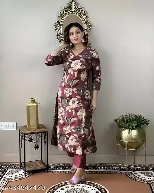 Floral Print Cotton Blend Kurta with Pant for Women ,Maroon (M)