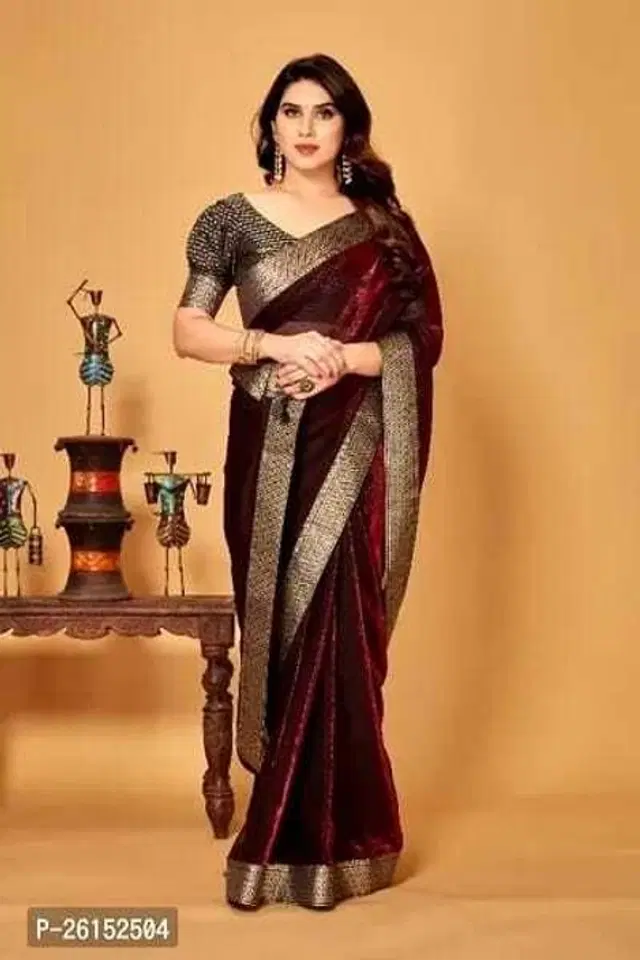 Lycra Blend Solid Saree for Women (Maroon, 6.3 m)