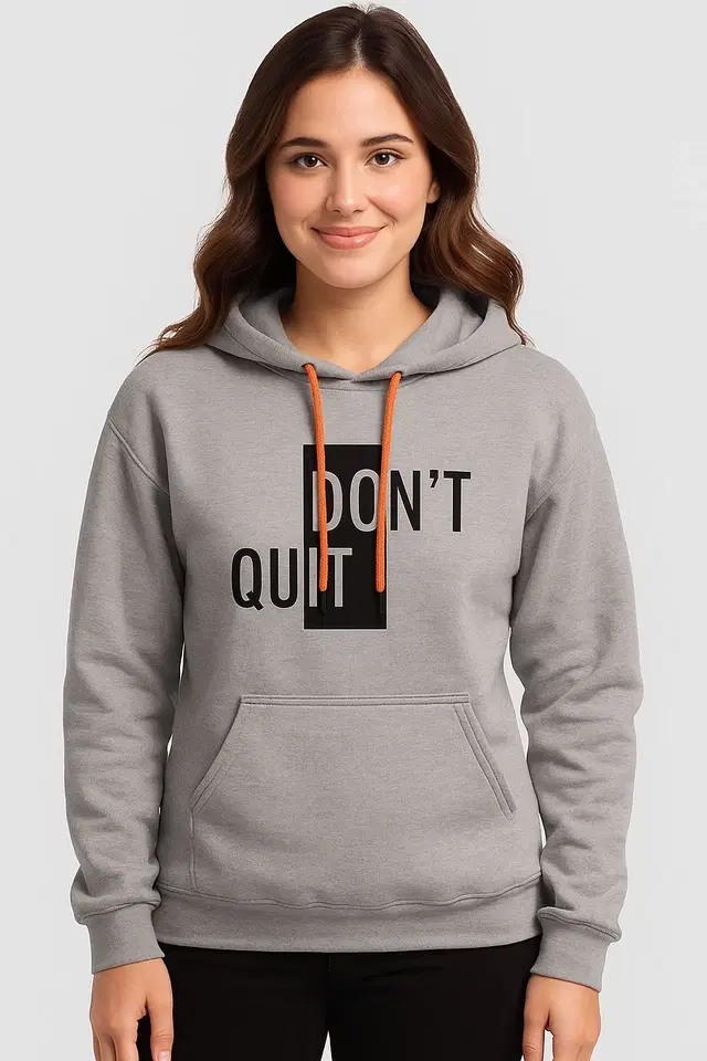 Fleece Printed Hoodie for Women, Grey (S)