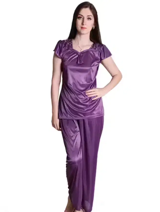 Comfortable Satin Nightsuits for Women, Purple (M)