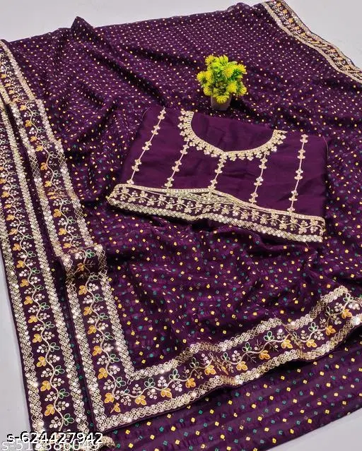 Georgette Solid Saree For Women, Purple