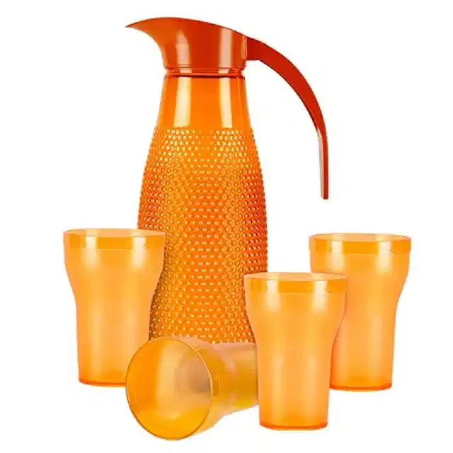 Plastic Jug with 4 Glass, Orange, 1250 ml, Set of 5