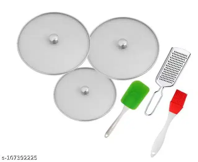 Metal Net Lids, 3 Pcs with Cheese Grater, Spatula & Oil Brush, Multicolor, Set of 6