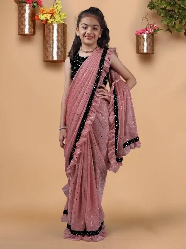 Silk Embellished Saree for Women (10-12 Years), Peach (XL)