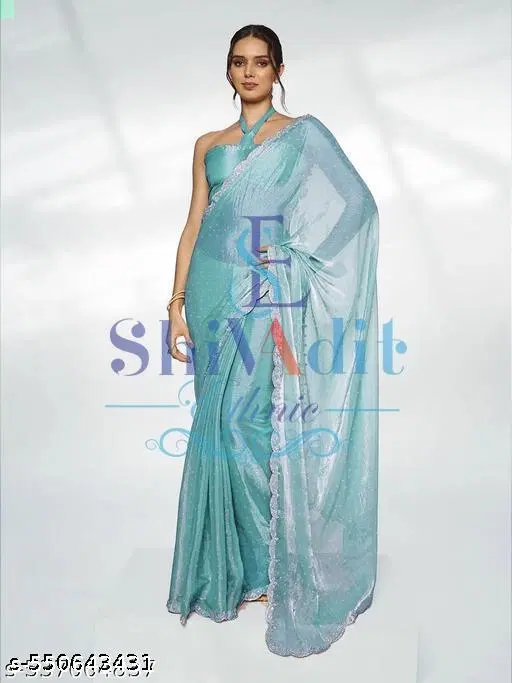 Jimmy Choo Embellished Saree For Women, Aqua Blue