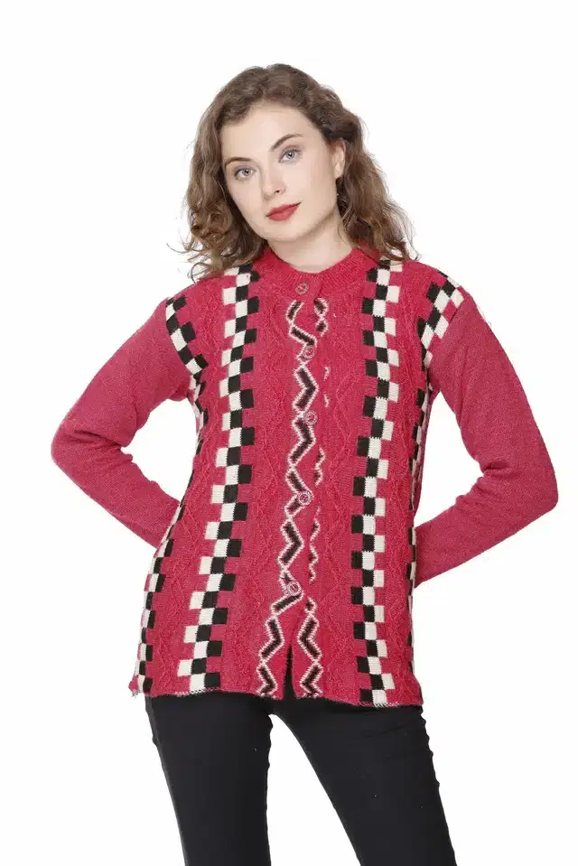 Woolen Jacquard Cardigan for Women (Pink, Free Size)