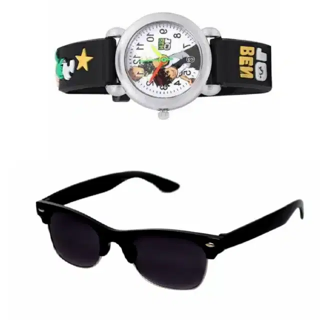 UV Protected Sunglass with Analog Watch for Boys & Girls, Set of 2 (Black)