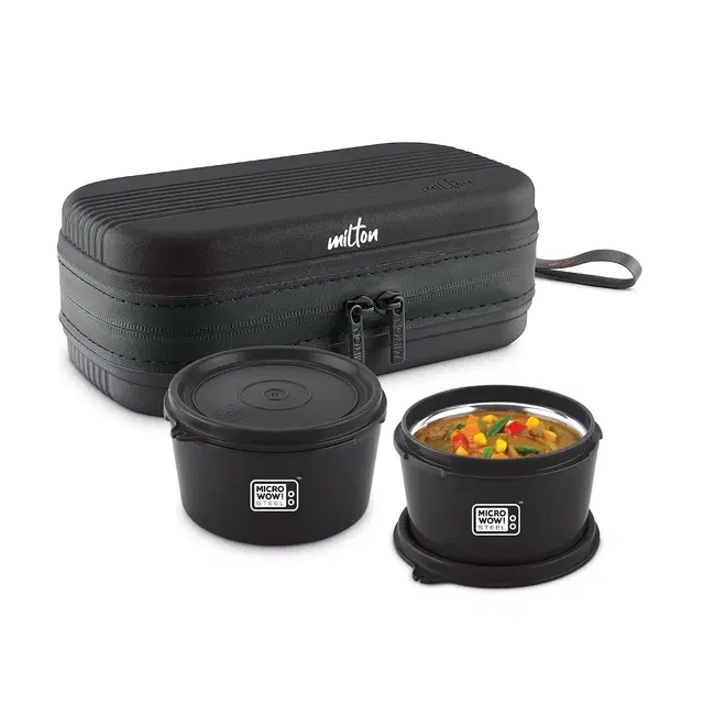 Milton Urban Case Microwavable Lunch Box | Inner Steel, Double Wall, Leak-Proof Design | Compact & Durable Lunch Box for Office use, College, School, (2 x 320 ml), Black
