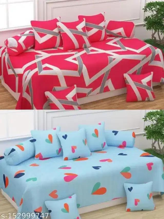 Polycotton Diwan Cover Set, Red & Sky Blue, Combo of 2