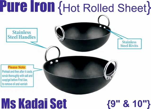 Iron Non Coated Kadhai, Black, 1.5 L & 2 L, Set of 2