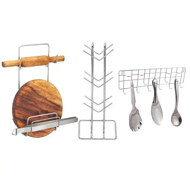 Stainless Steel Cup Stand & Chakla Belan Stand & Hook Rail For Kitchen, Set of 3, OC-012