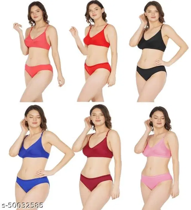Cotton Blend Solid Lingerie Set for Women, Pack of 6 (Multicolor, 30A)
