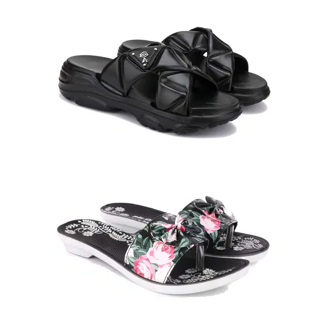Combo of Sliders & Flats for Women, Set of 2 (Multicolor, 7)