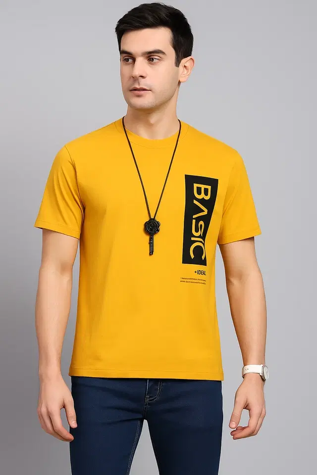Round Neck Printed T-Shirt for Men, Yellow (XL)