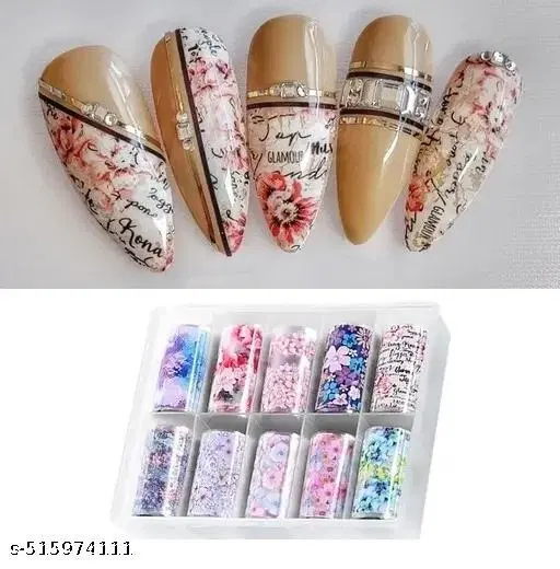 10 Rolls Nail Foil Transfer Sticker DIY Holographic Nail Decoration, 10 Designs Laser Nail Foil Wraps Decal for Fingernails Women, 4x100CM Each roll (#3- Multicolored Flowers Text Patterns)