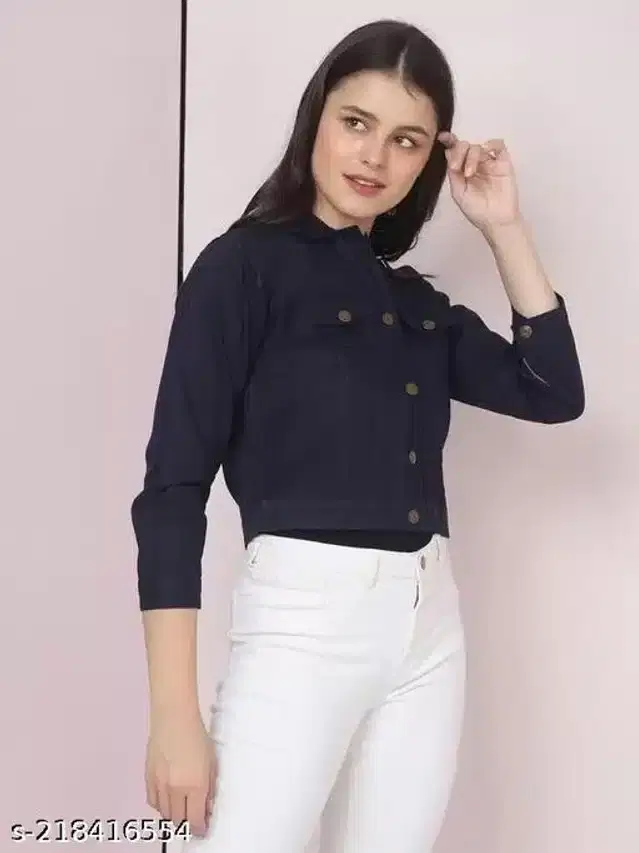 Cotton Blend Solid Three-Quarter Sleeves Jacket for Girls (Navy Blue, 13-14 Years)