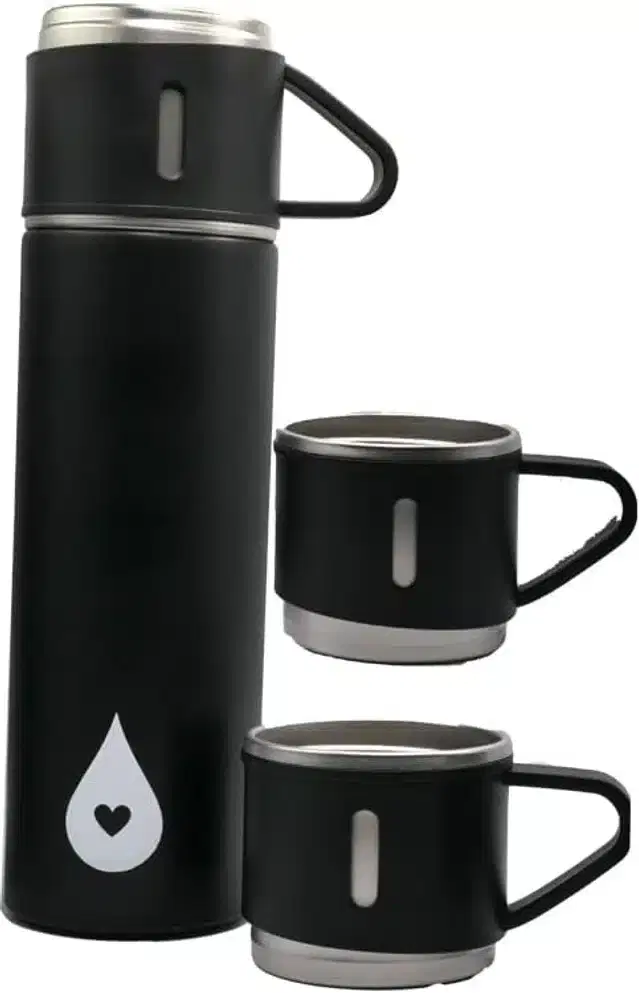 Aluminium Water Bottle, 500 ml with 2 Pcs Cup, Black, Set of 2