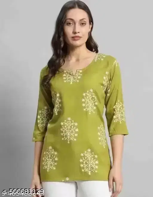 Floral Buti Print Short Kurti for Women ,Green (M)