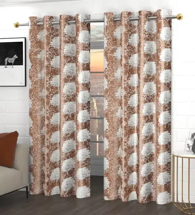 Printed Polyester Curtains, Brown, 5 feet, Pack of 2