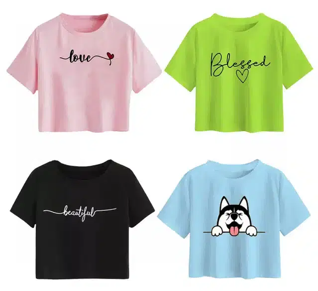 Cotton Printed Crop Tops for Girls, Pack of 4 (Multicolor, 11-12 Years)