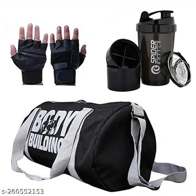 Combo of Gym Bag with Shaker Bottle, 400 ml, Gloves, Multicolor, Set of 3