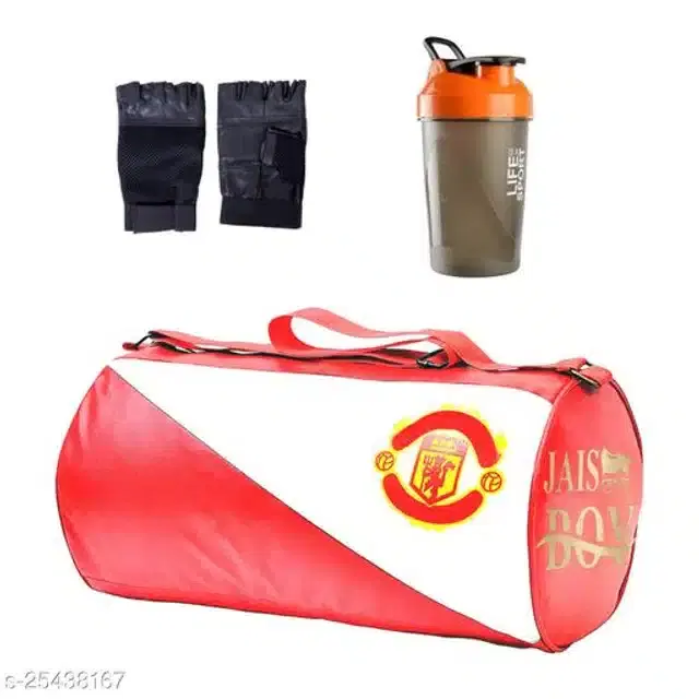Combo of Gym Bag with Shaker Bottle, 500 ml, Gloves, Multicolor, Set of 3