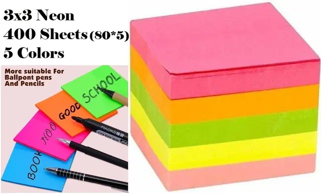 Paper Neon 80 Pcs Sticky Notes, Multicolor, 3x3 inches, Pack of 5