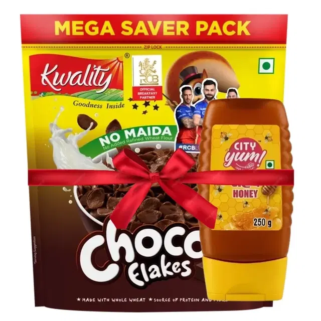 Kwality Choco Flakes Mega Saver Pack 1 Kg (Pouch) + City Yum Honey Squeezy Bottle 250 g