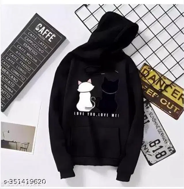 Fleece Printed Hoodie for Women (Black, XS)