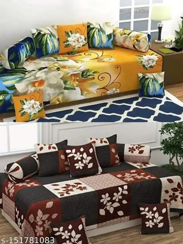 Polycotton Diwan Cover Set, Multicolor, Combo of 2