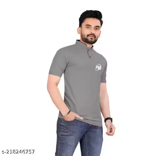Poly Cotton Mandarin Collar T-shirt for Men, Grey (M)