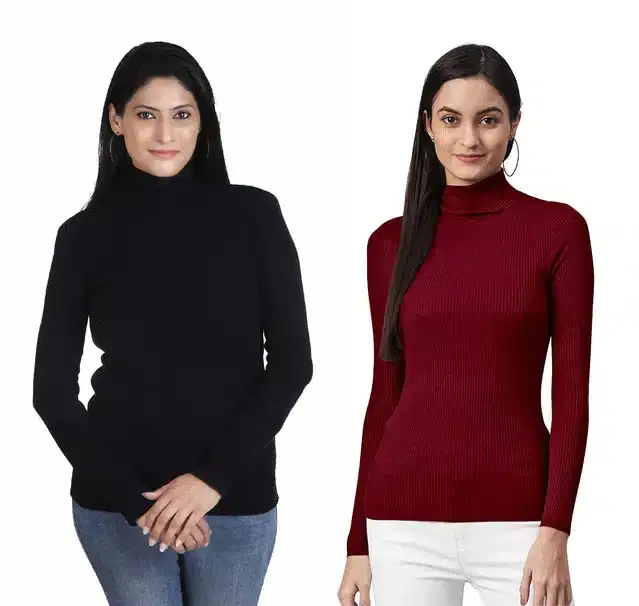 Full Sleeves High Neck Sweater for Women, Pack of 2 (Black & Maroon, L)