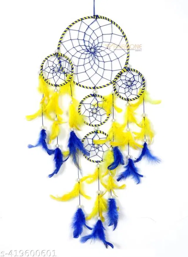 Feather Wall Hanging Dream Catcher, Blue & Yellow