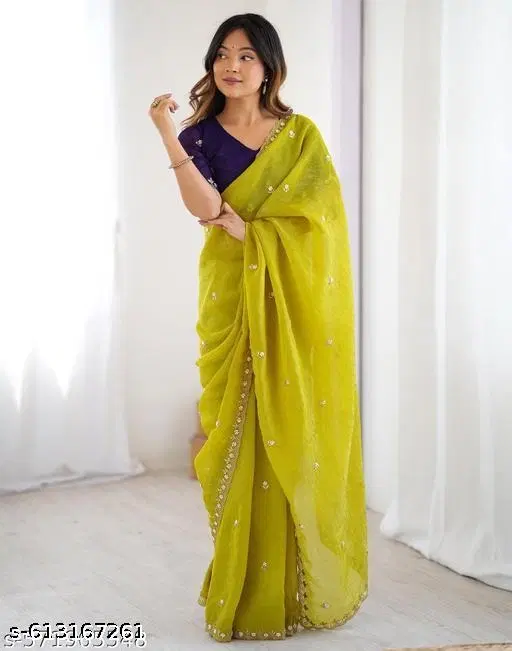 Chinnon Saree for Women, Yellow (5.5 M)