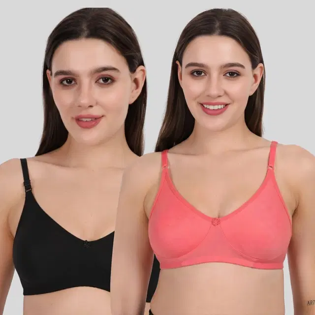 Cotton Bra for Women, Black & Pink, Pack of 2 (36B)