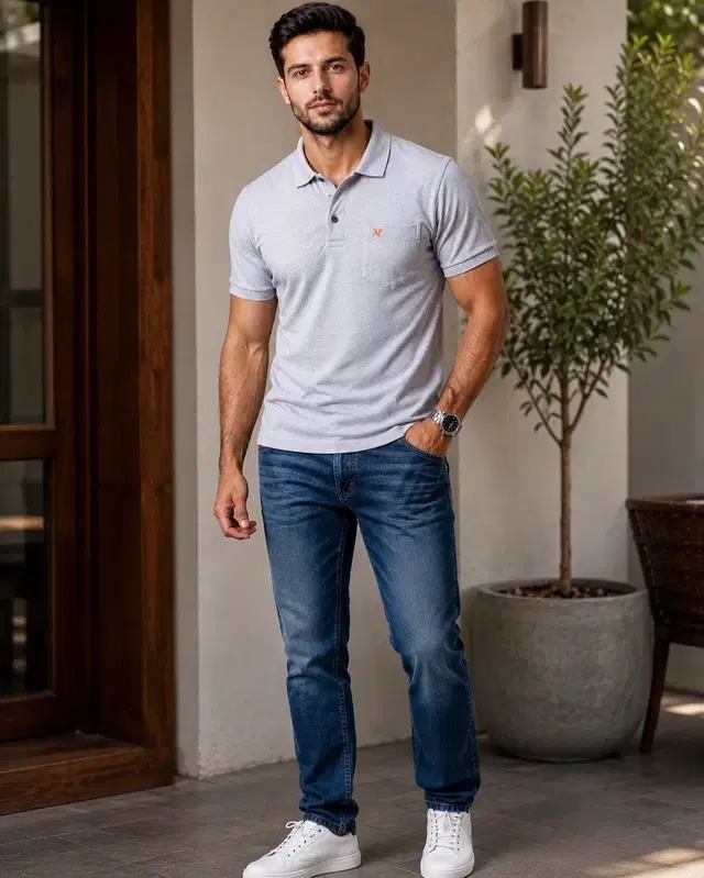 Polo Neck T-shirts for Men (Grey, M)