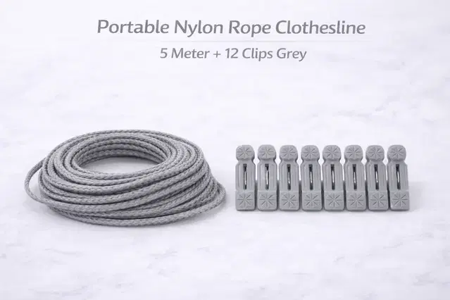 Portable Nylon Rope Clothesline 5 Meter + 12 Clips Grey