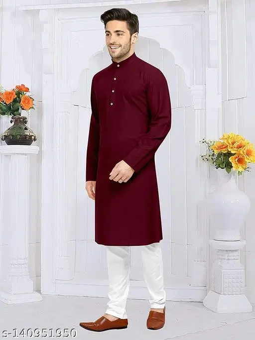 Solid Regular Cotton Blend Mandarin Neck Shirt for Men (Red, S)
