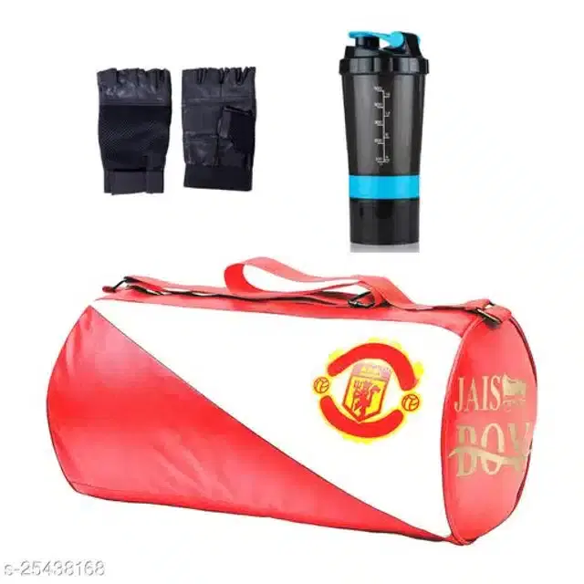 Combo of Gym Bag with Shaker Bottle, 400 ml, Gloves, Multicolor, Set of 3