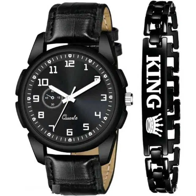 Casual Leather Analog Watch With Bracelet Men, Pack Of 2 (Black) (MP-462)