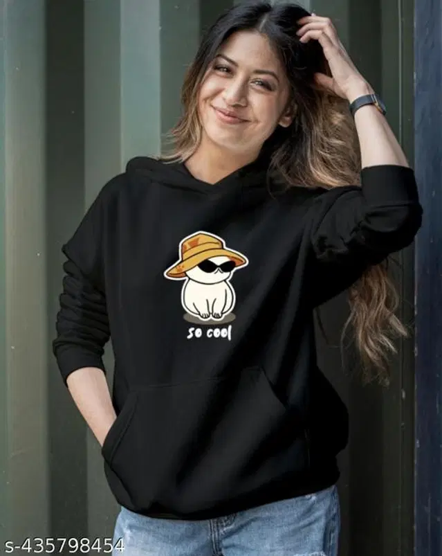 Fleece Printed Hoodie for Women (Black, S)