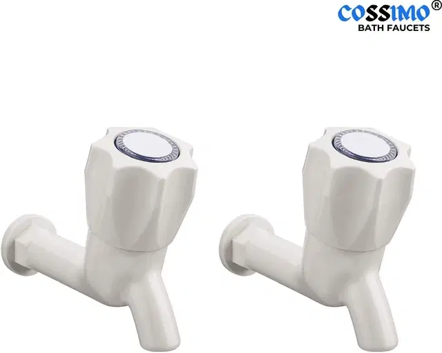 Plastic Short Body Bib Cock Tap with Wall Flange, White, Set of 2